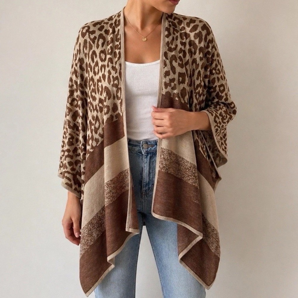 Laundry by Shelli Segal Leopard Print Kimono Cardigan‎ One Size Brown Open Shawl